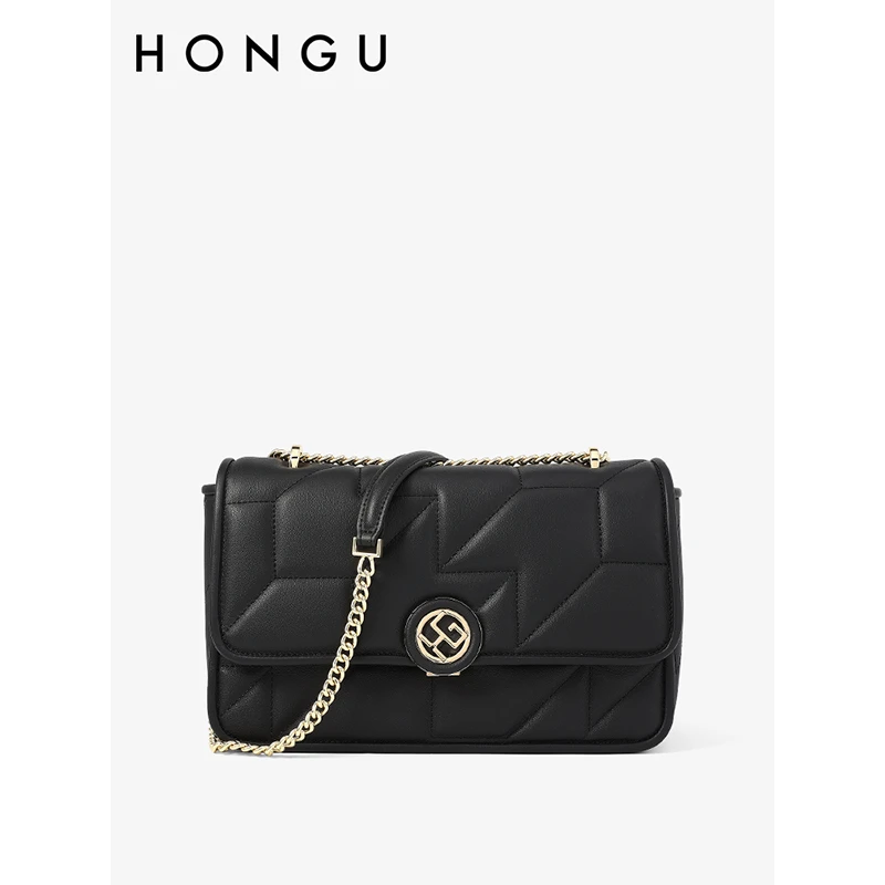 HONGU/红谷新款牛皮单肩斜挎包时尚绣线链条小方包休闲斜跨女包