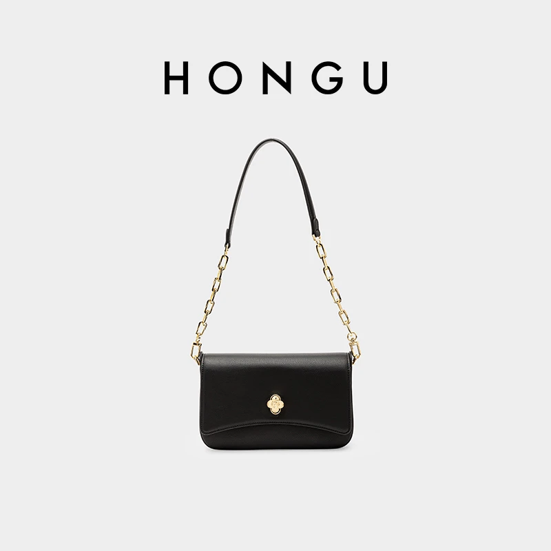 HONGU/红谷新款牛皮女士单肩腋下女包包小方包百搭简约包H5176007