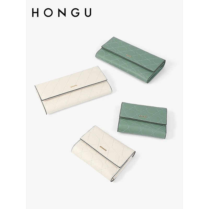 HONGU/红谷新款女士牛皮长三折车缝线女钱夹百搭钱包礼盒装9713