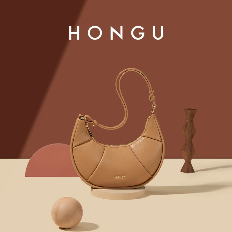 HONGU/红谷时尚新款女士牛皮单肩腋下饺子包简约腋下肩包女包5724