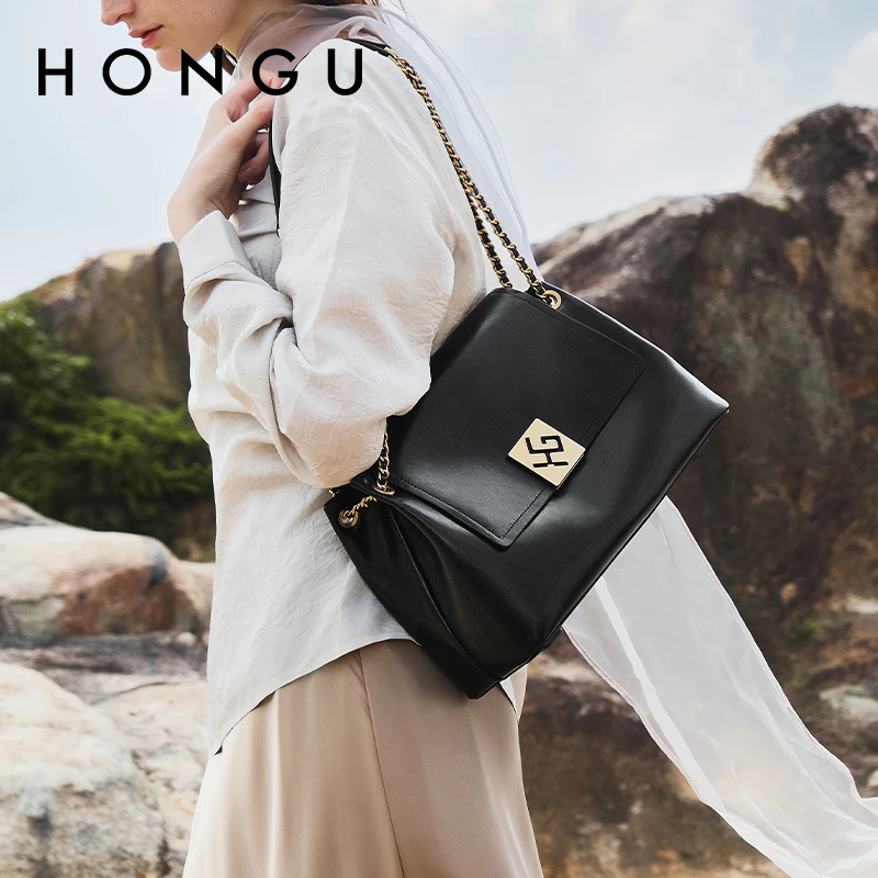 HONGU/红谷新款油蜡牛皮单肩腋下包通勤大容量托特包女包H5156045