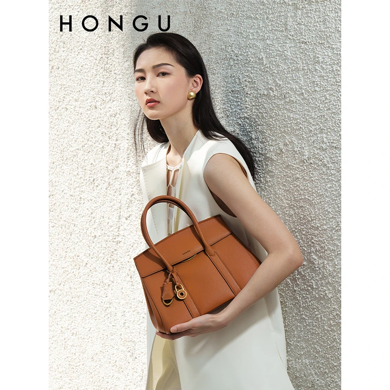 HONGU/红谷包包女新款真皮牛皮时尚休闲百搭手拎包简约通勤斜挎包