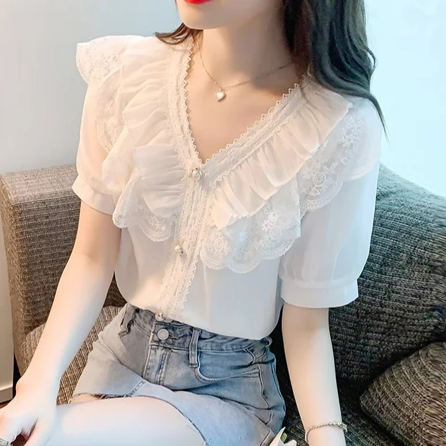 2025夏季新款洋气气质蕾丝荷叶边v领泡泡短袖白色雪纺衬衫上衣女