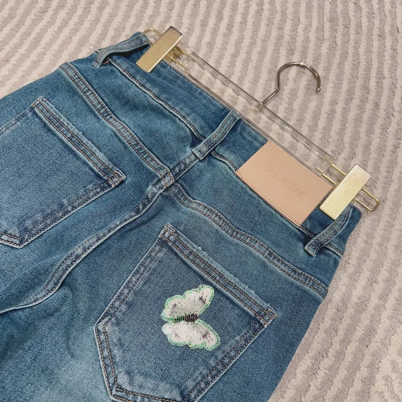 小直筒！裤长93 双排扣蝴蝶蓝色牛仔裤 款号VE284