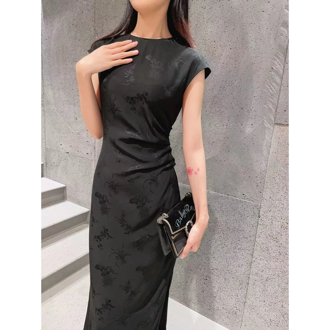 M1790双面提花菊竹兰梅，气质无袖中长款黑色连衣裙 裙长135 HH192