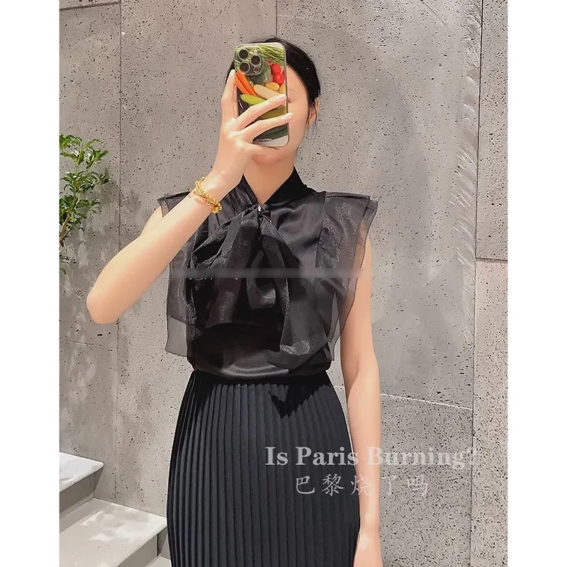 M1550新款甜美蝴蝶结衬衫立领荷叶边黑色衬衫 衣长64款号S57272