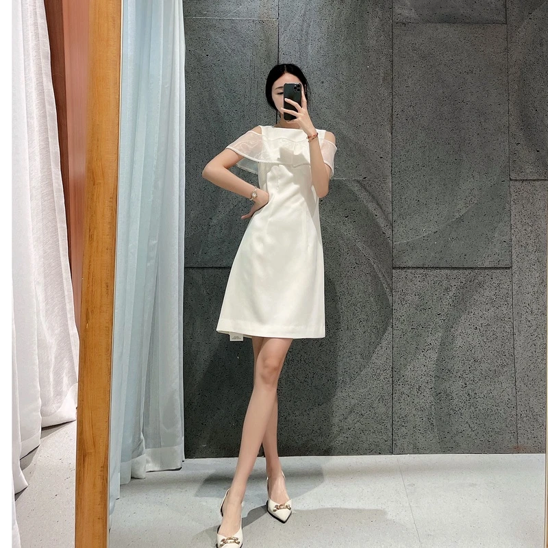 M1795温柔气质露肩收腰显瘦白色连衣裙 裙长89 款号S51092