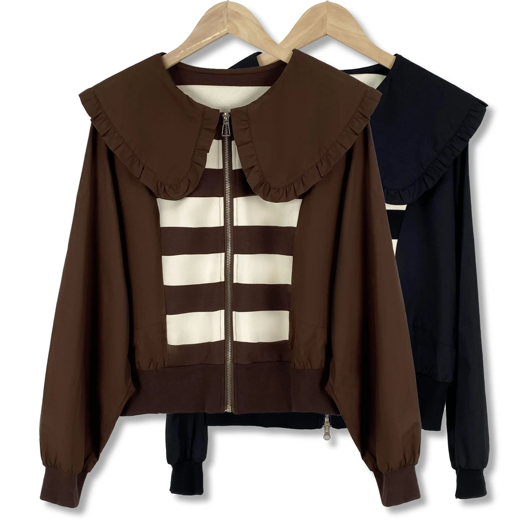 2024秋季新款休闲娃娃领上衣女时尚宽松显瘦条纹减龄外套A20#