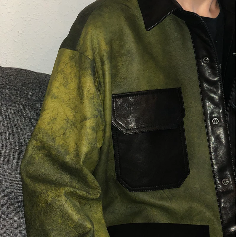 （主店）LA CALIFFA设计师 "艺术水染羊皮"拼接意产山羊OS 风衣夹克