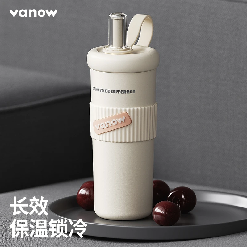 vanow大容量吸管保温杯车载便携陶瓷水杯男女学生水壶露营户外