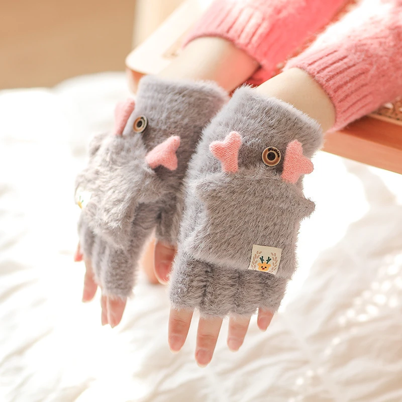 可爱鹿角女翻盖半指手套网红冬季加绒加厚保暖成人学生防寒露指冬