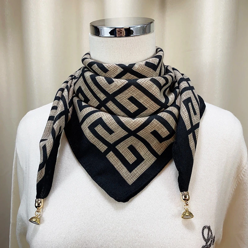 小金球磁吸扣新款高级丝绵围巾65*65方巾秋冬保暖三角巾米兰家