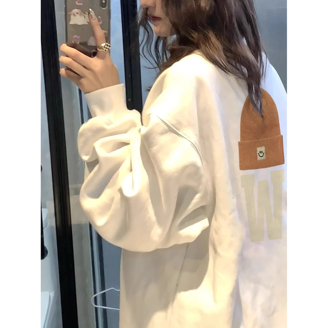 白色正肩圆领卫衣女小个子2024早春穿搭宽松美式oversize外套上衣