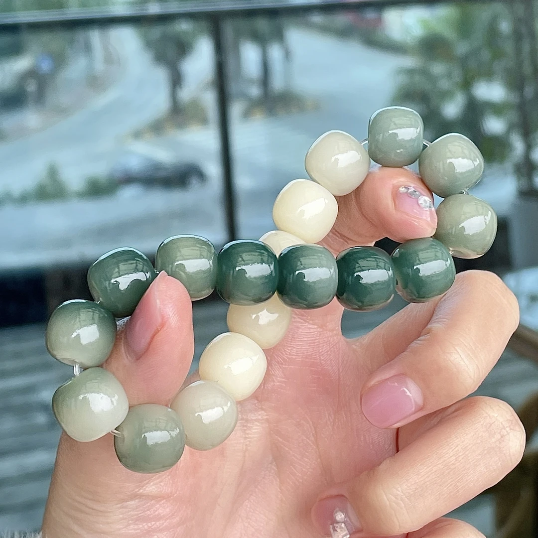 原生态绿色渐变桶珠菩提根手串绕指柔男女文玩阴皮籽飘花菩提佛珠