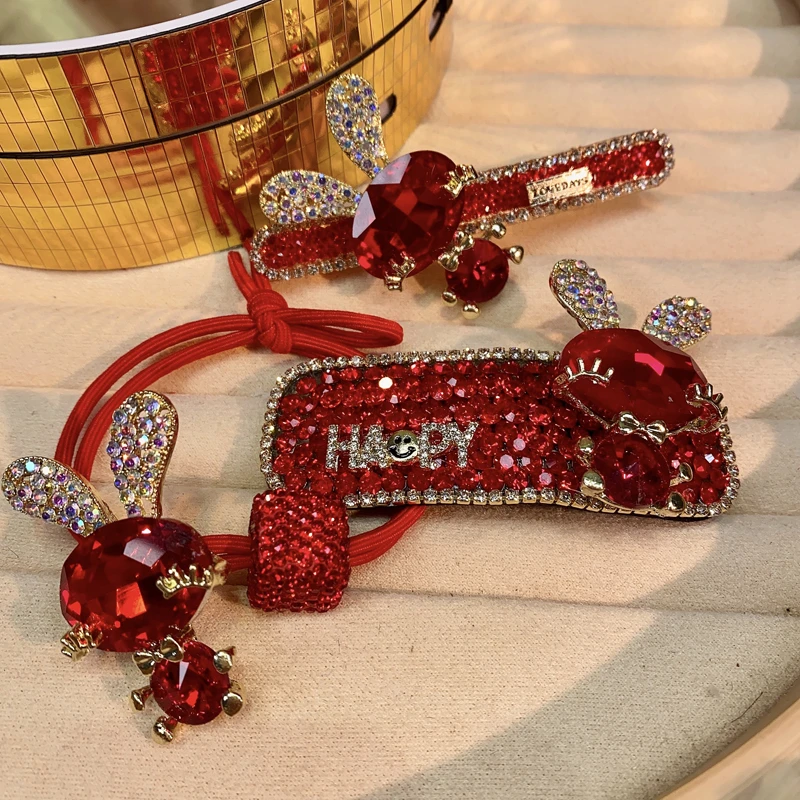 思朵 合成锆石发饰 本命年红色可爱满钻小兔子气质网红镶钻侧边夹