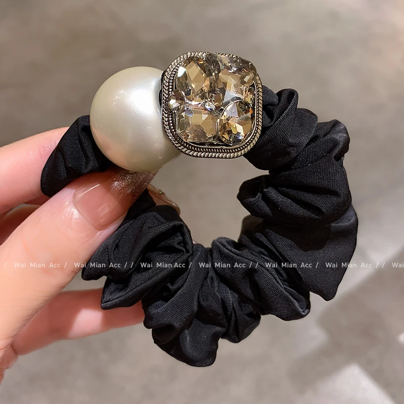 时尚轻奢方块镶钻发圈女气质珍珠马尾头绳新款丸子头百搭发绳