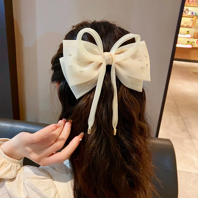 思朵 非金属发饰 新款蝴蝶结绢纱发夹女顶夹高级感气质弹簧夹发饰