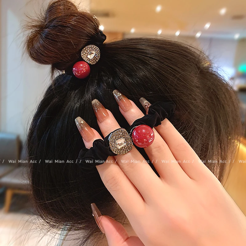 思朵时尚轻奢珍珠发圈女网红马尾头绳新款红色扎丸子头皮筋发饰