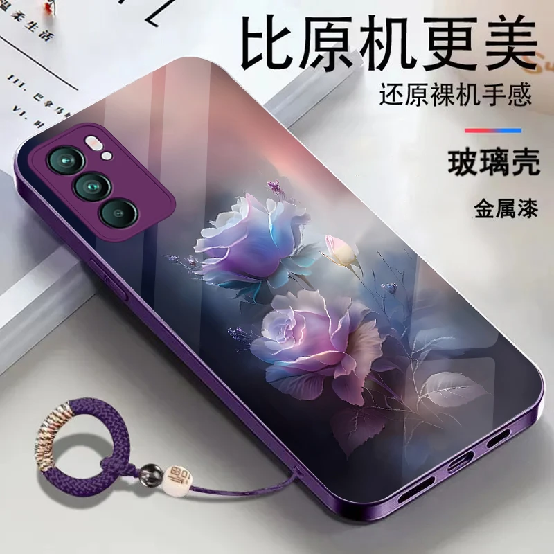 适用OPPOReno6金属漆玻璃花朵耐脏全包防摔挂绳手机壳