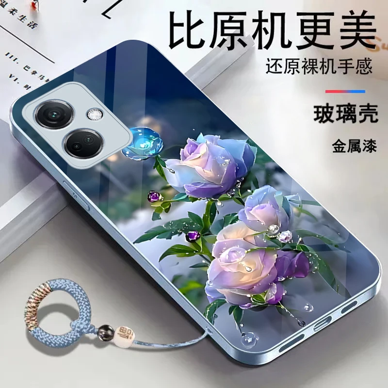 适用OPPOK11金属漆玻璃花朵耐脏全包防摔挂绳手机壳