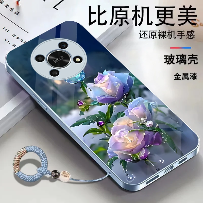 适用荣耀X30金属漆玻璃花朵耐脏全包防摔挂绳手机壳