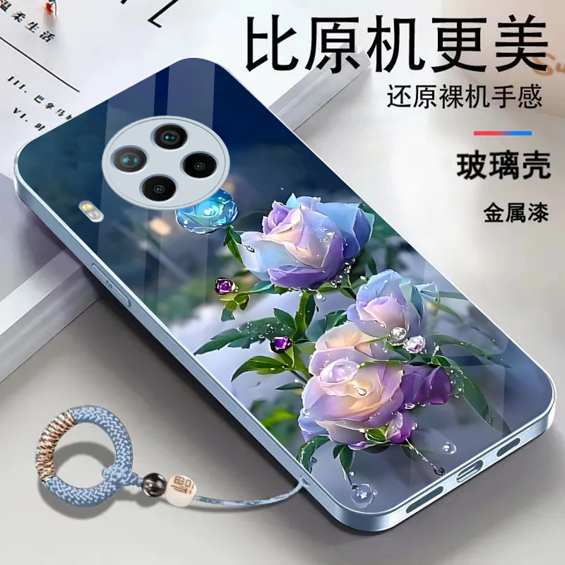 适用红米Note9Pro金属漆玻璃花朵耐脏全包防摔挂绳手机壳