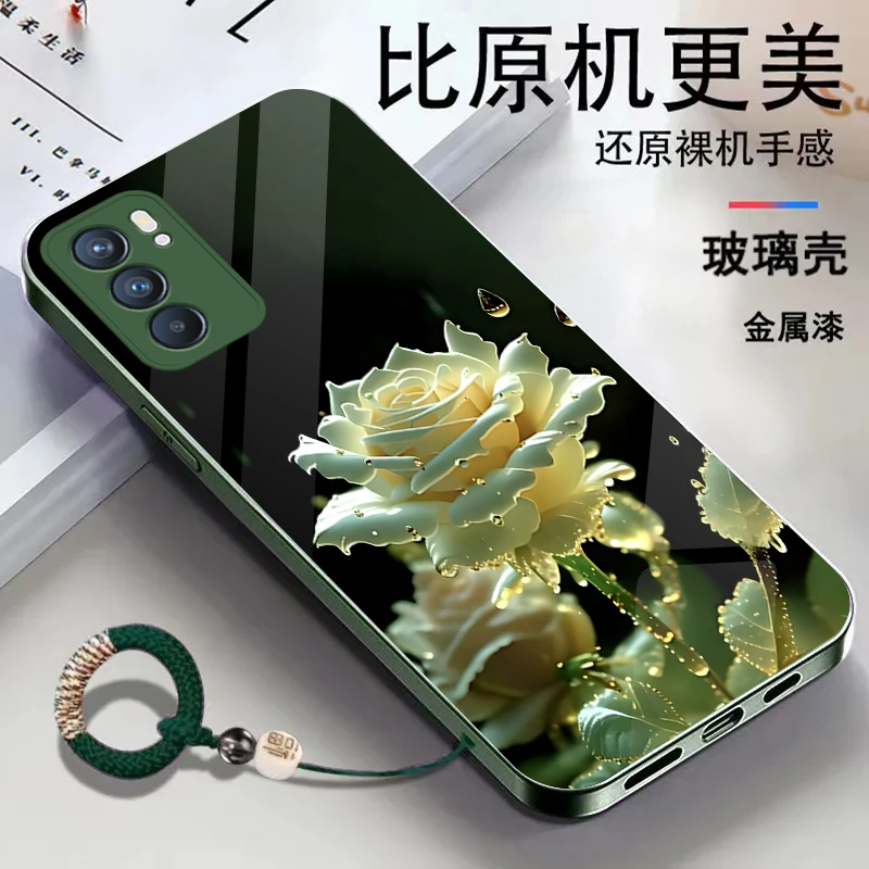 适用OPPOReno6金属漆玻璃花朵耐脏全包防摔挂绳手机壳