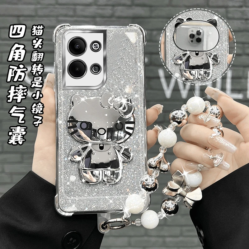 OPPOReno9手机壳四角防摔电镀HelloKitty镜子支架高级闪粉