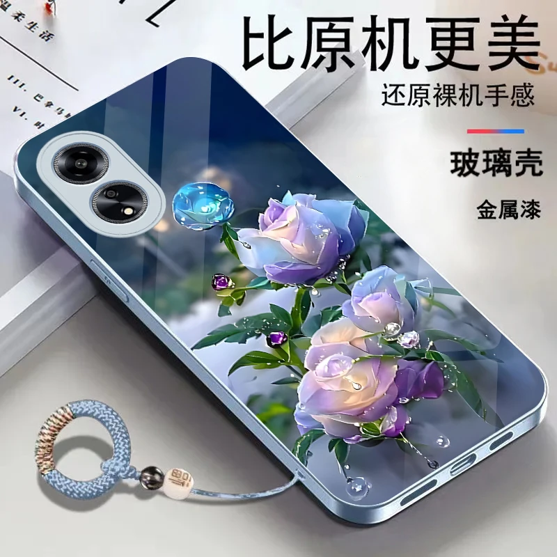 适用OPPOA1金属漆玻璃花朵耐脏全包防摔挂绳手机壳