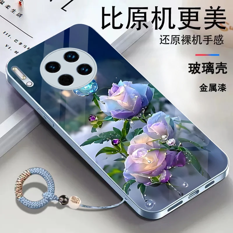 适用华为Mate30金属漆玻璃花朵耐脏全包防摔挂绳手机壳