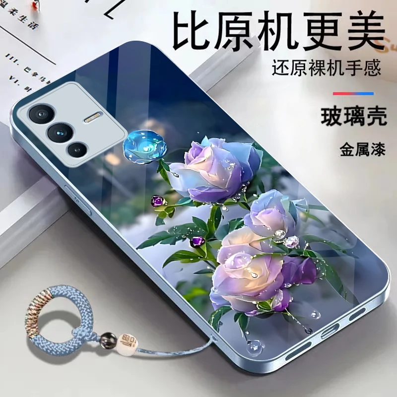 适用vivoS12金属漆玻璃花朵耐脏全包防摔挂绳手机壳
