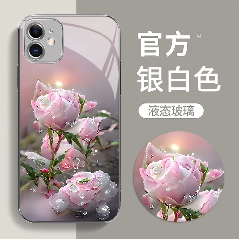 适用于苹果12富贵花简约电镀银玻璃防摔手机壳