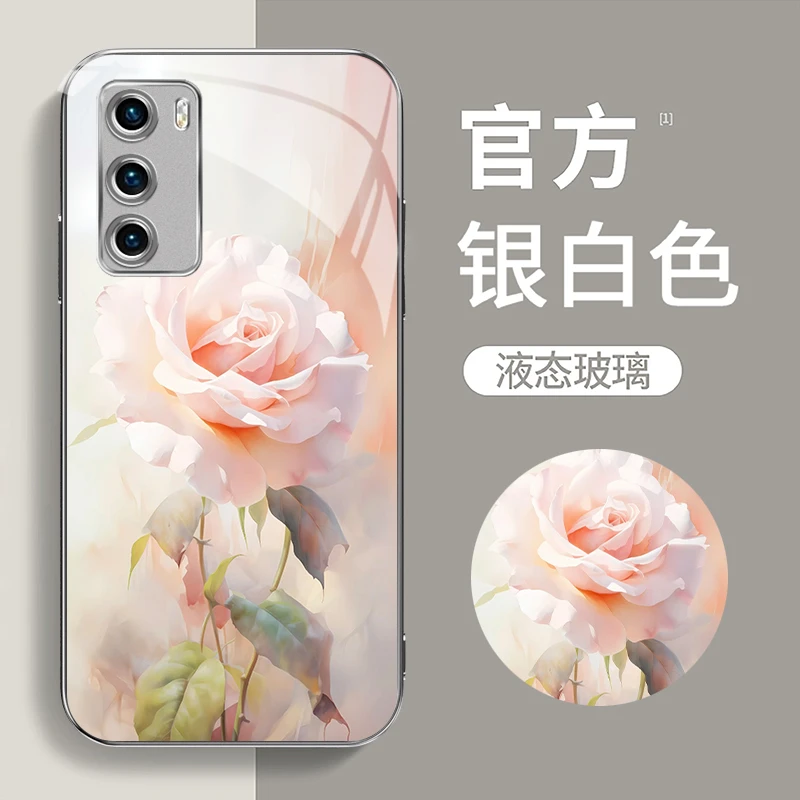 适用华为P40时尚高端大气玫瑰花电镀银全包防摔手机壳