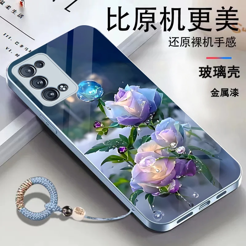 适用OPPO Reno6Pro+金属漆玻璃花朵耐脏全包防摔挂绳手机壳