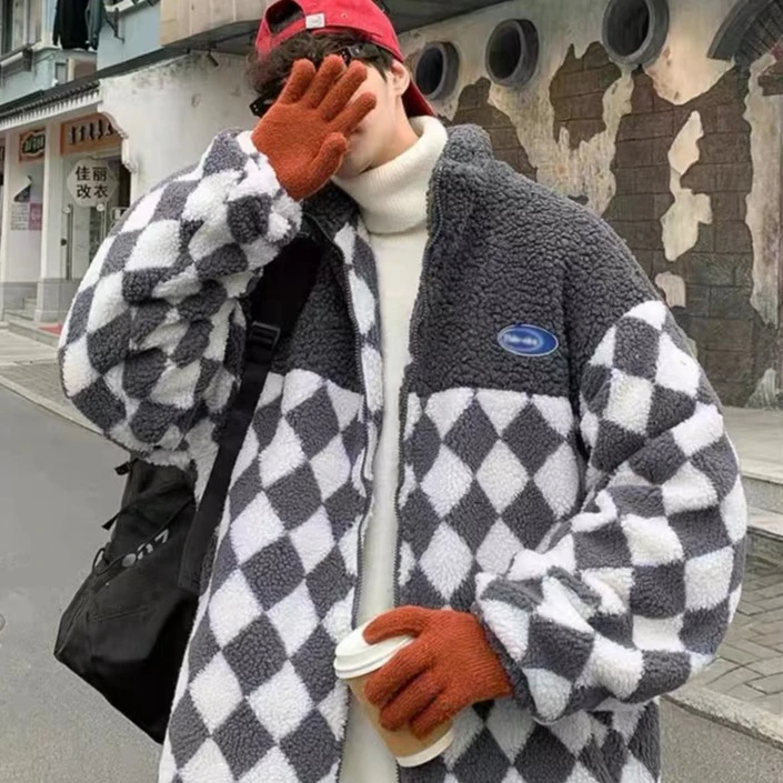 菱形格青少年潮款百搭羔毛外套加厚