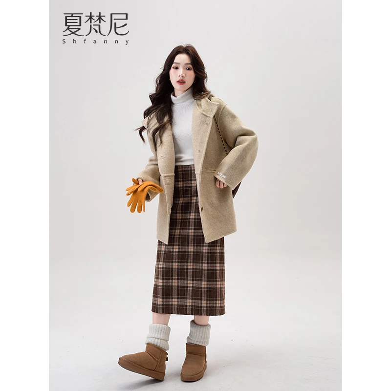 【小野丽莎】夏梵尼秋冬新款短款简约休闲羊毛双面呢大衣外套