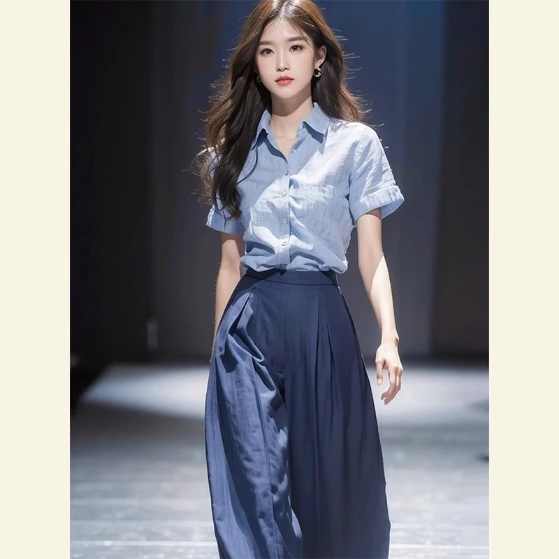 2025盐系轻熟风又a又飒简约时尚洋气减龄蓝色衬衫休闲套装裤女夏