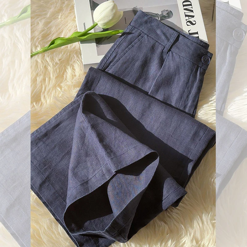 2025秋季新款高端藏青色亚麻裤女简约老钱风高腰显瘦百搭休闲裤子