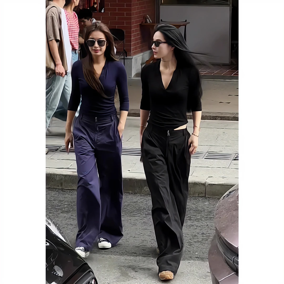 复古宽松休闲阔腿裤女2025夏季新款设计感高腰显瘦百搭直筒工装裤