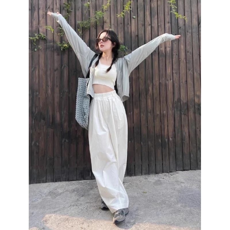 高腰白色窄版直筒阔腿裤女季夏垂感宽松显瘦裤日系工装休闲拖地裤