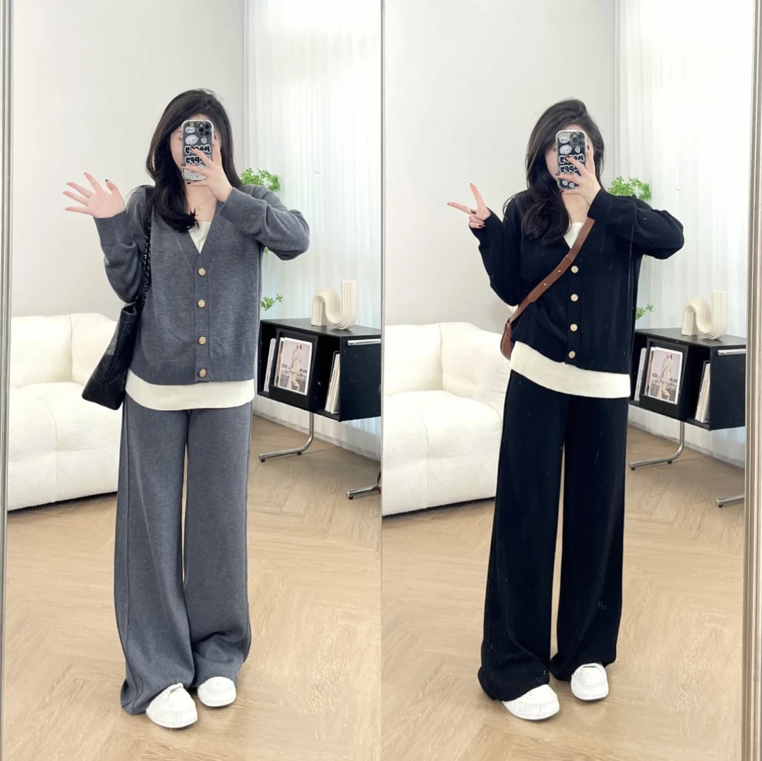 胖妹妹秋冬休闲撞色假两件上衣高腰阔腿裤套装大码运动显瘦两件套