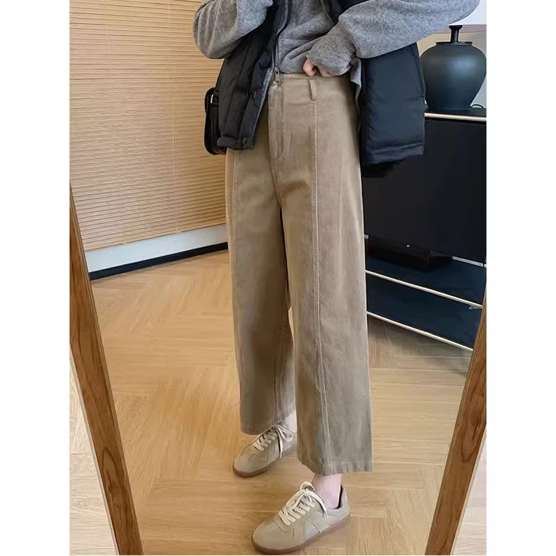 美拉德复古灯芯绒直筒裤女大码胖mm秋冬休闲阔腿裤小个子奶奶裤子