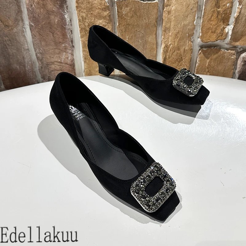 【暗夜锆石】粗跟5厘米浅口百搭单鞋女中跟气质时尚方扣贵妇专柜款