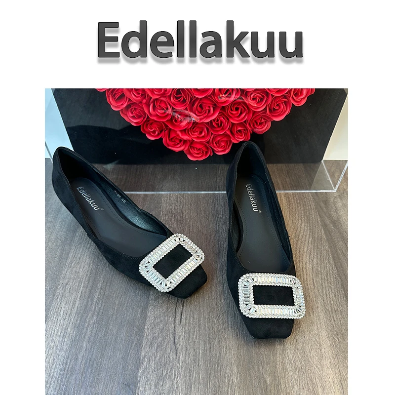 Edellakuu●rv百搭浅口单鞋女软底水钻方扣中跟通勤粗跟四季鞋