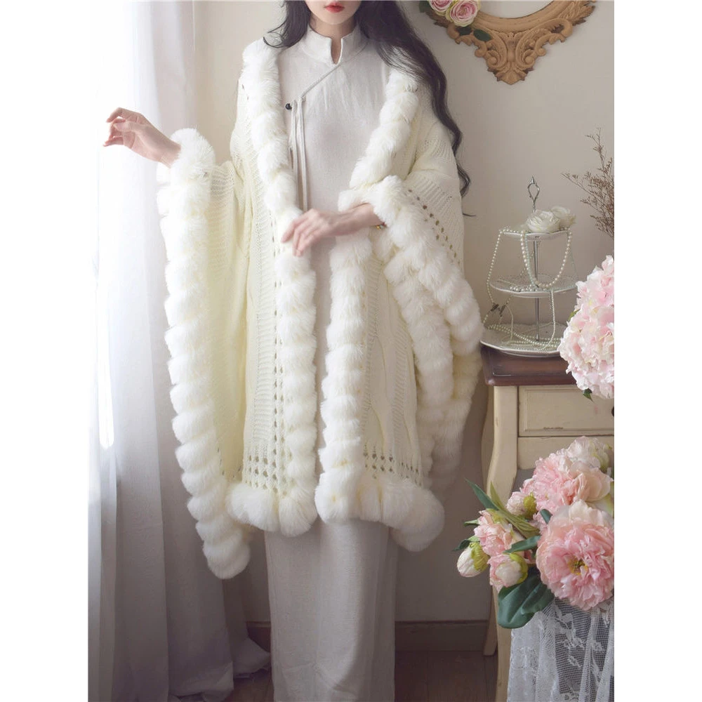 秋冬旗袍披肩外搭慵懒麻花针织毛毛斗篷厚款加长款仿皮草外套国风