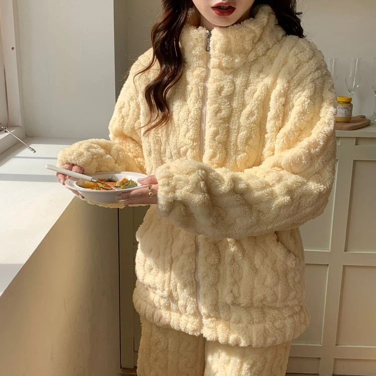 睡衣女冬季珊瑚绒加厚加绒2024年新款高颜值拉链法兰绒家居服外穿