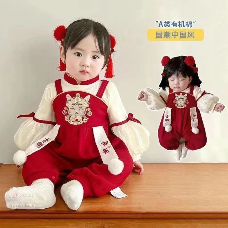 婴儿衣服秋冬加绒连体衣服宝宝红色喜庆百天周岁礼服保暖外出哈衣