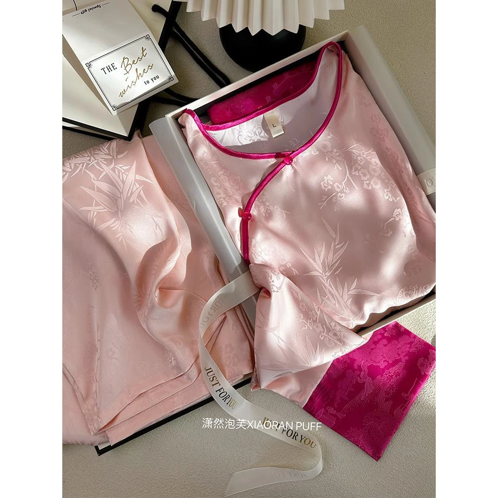 新中式古风冰丝睡衣女春丝绸家居服圆领外出套装2024新款网红国风