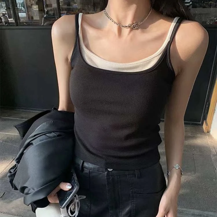 执感6899新款假两件吊带背心微弹时尚网红风美背