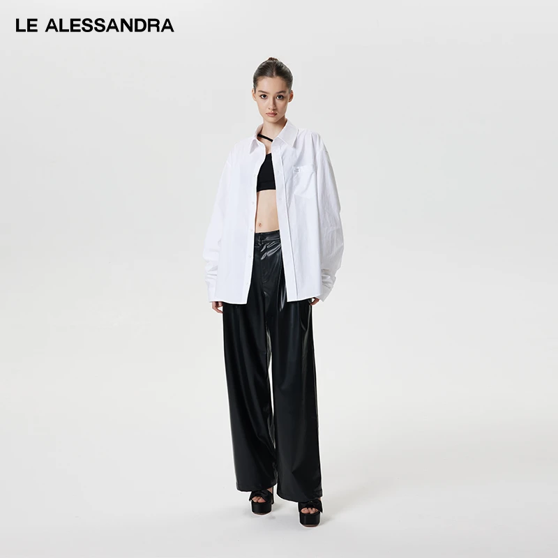品牌直营 LE ALESSANDRA 白色钻LOGO衬衫廓形全棉舒适长袖衬衣女